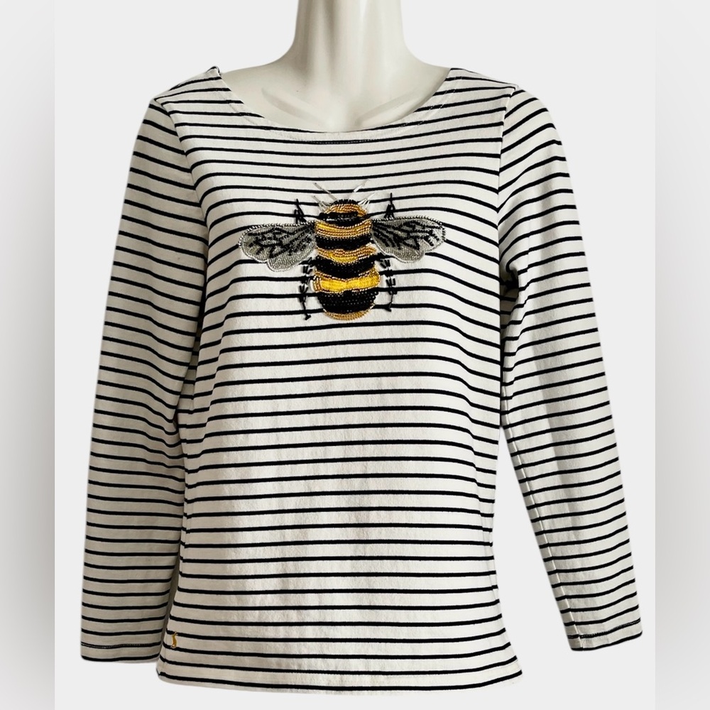 Joules Black and White Striped Long Sleeve Top with Bee Embroidery